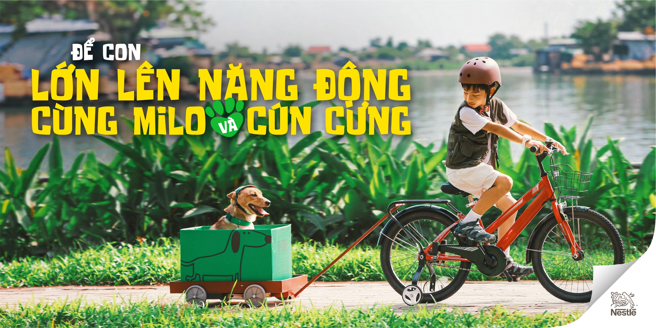 Bé đạp xe cùng cún cưng bên bờ sông