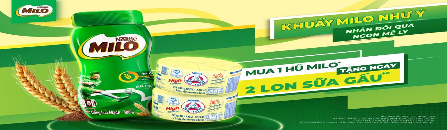 Milo Banner - Chương trình khuyến mãi tặng 2 lon Sữa Tiệt Trùng NESTLÉ BEAR BRAND 140 ml khi mua 1 Thức Uống Lúa Mạch NESTLÉ 